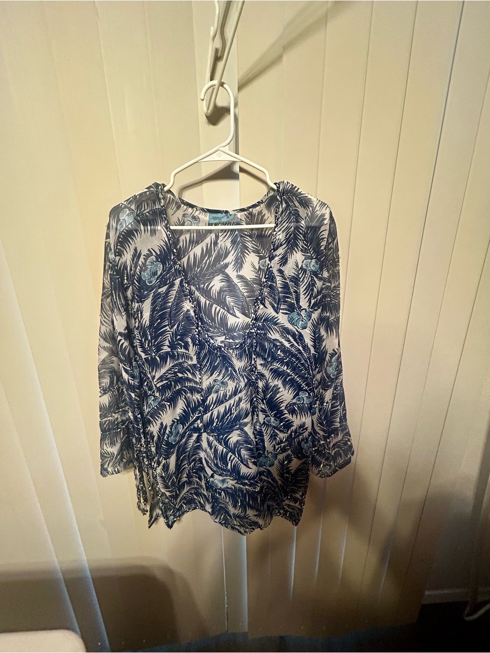 Letarte Navy and White Palm-Print V-Neck Swim Coverup